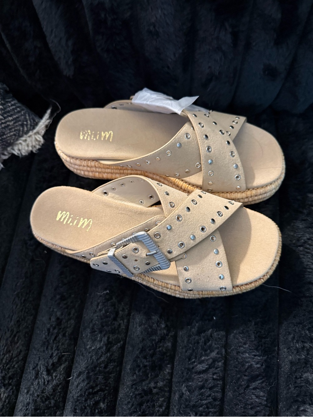 NEW Beige Studded Espadrille Slide Sandals - Picture 2 of 4